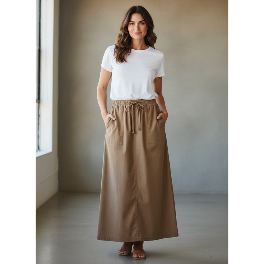 Alcott Women's Casual Drawstring Waist Maxi Skirt in Tan. Make in Italy